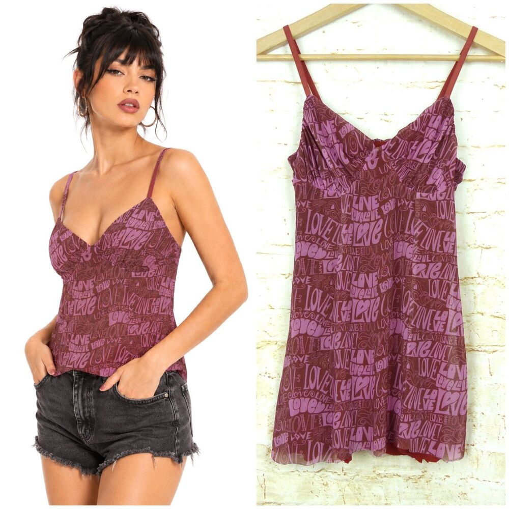 Urban Outfitters Love Mesh Tank Top Women S Pink Brown Sheer Cami Cut Hem Y2K
